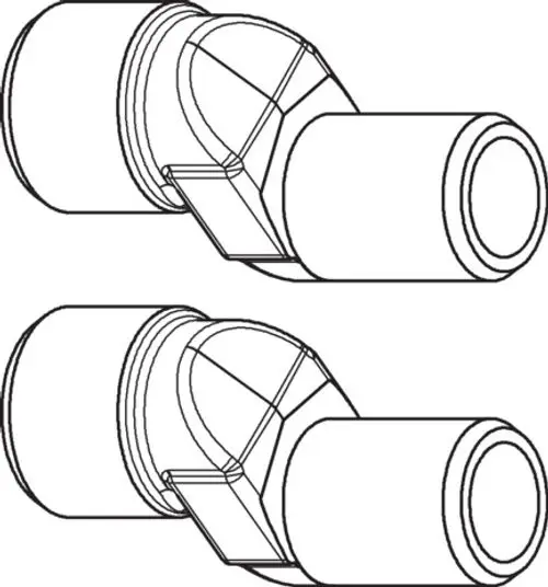 S-Anschluss mit Schalldämpfer von AXOR, dargestellt in einem technischen Diagramm. Zwei Ansichten des Produkts, das für Leitungssysteme konzipiert ist.